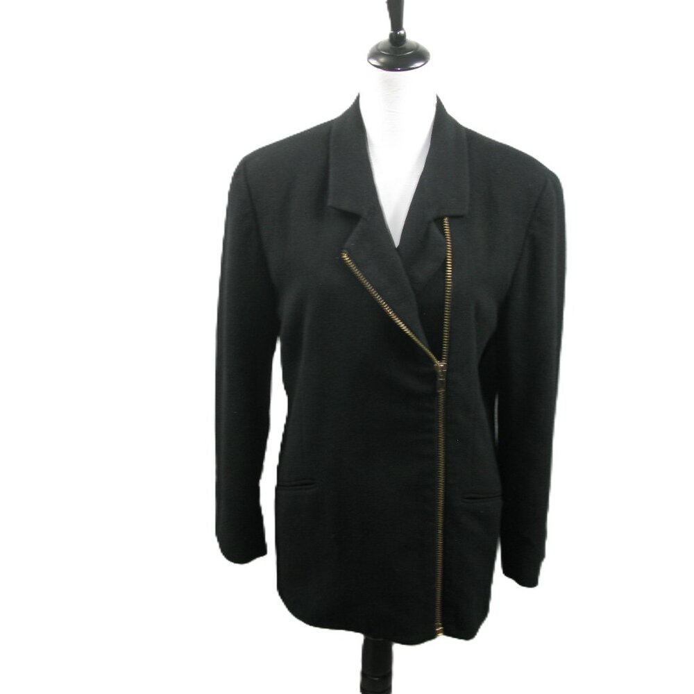 Anne Klein A Line Black Wool Zip Front 3/4 Length Jacket Size 6